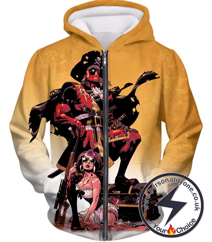 Super Cool Deadpool Pirate Cosplay Yellow Zip Up Hoodie